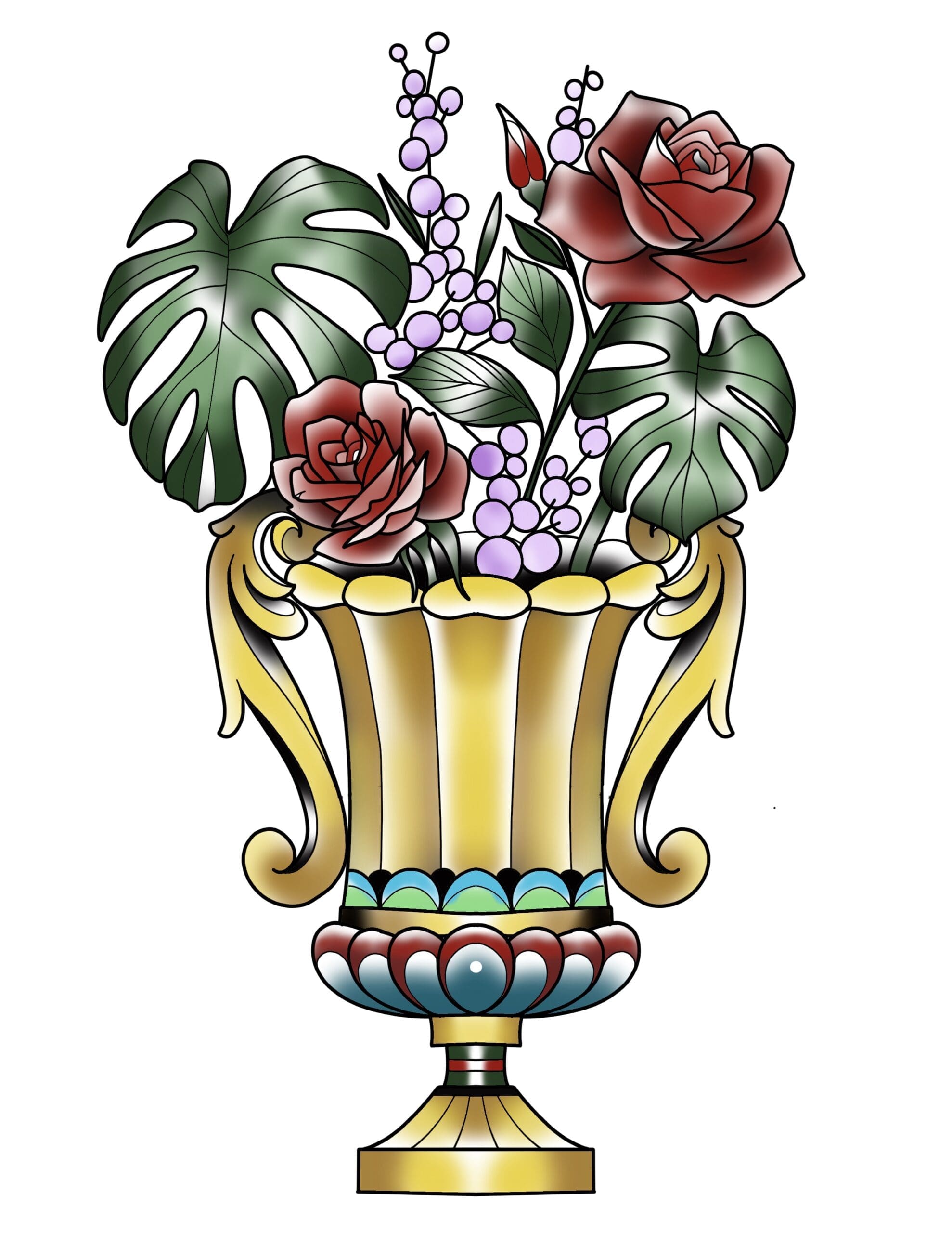 Art Deco Vase With Roses And Monsteras