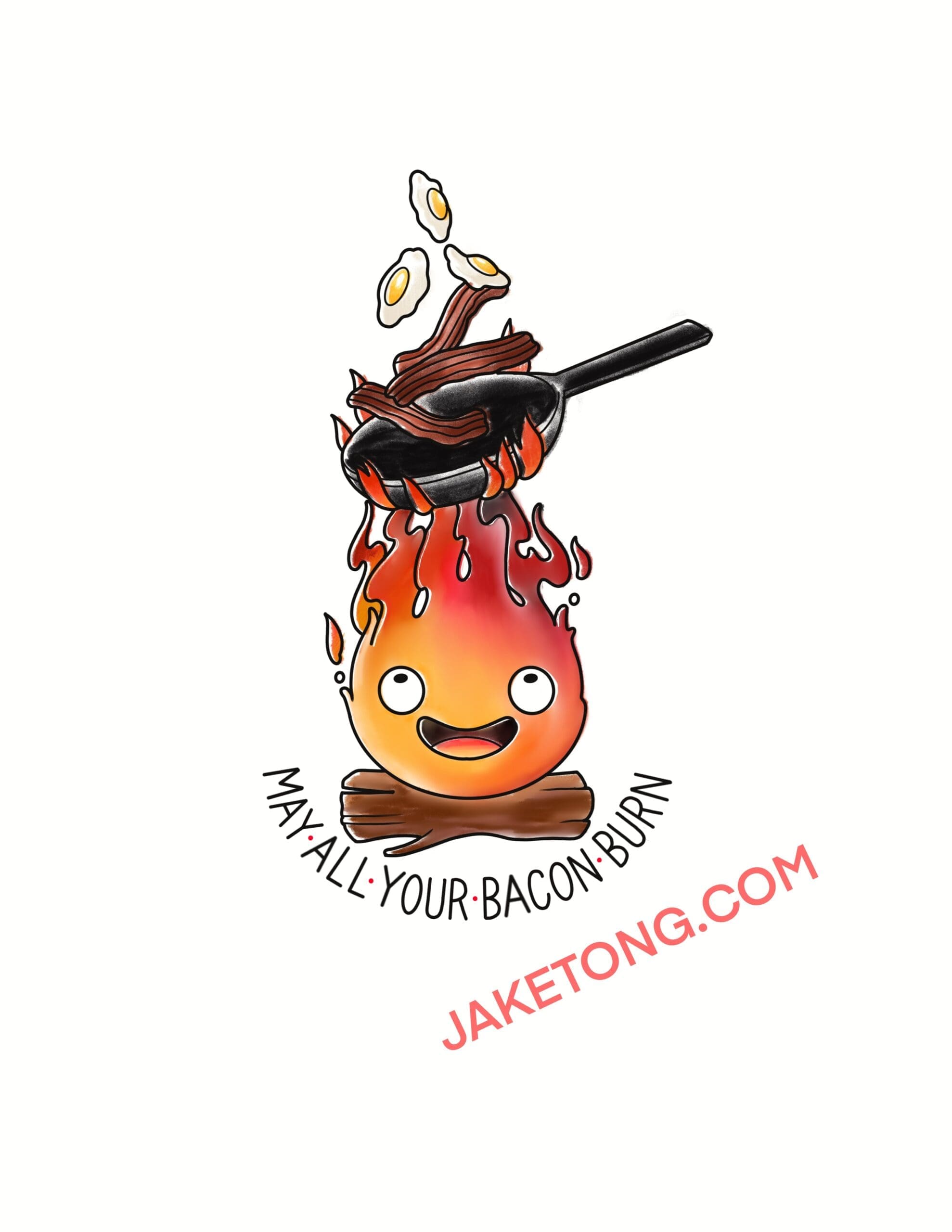 Calcifer May All Your Bacon Burn flash tattoo design by Jake Tong at Anatomy Tattoo in Portland, Oregon
