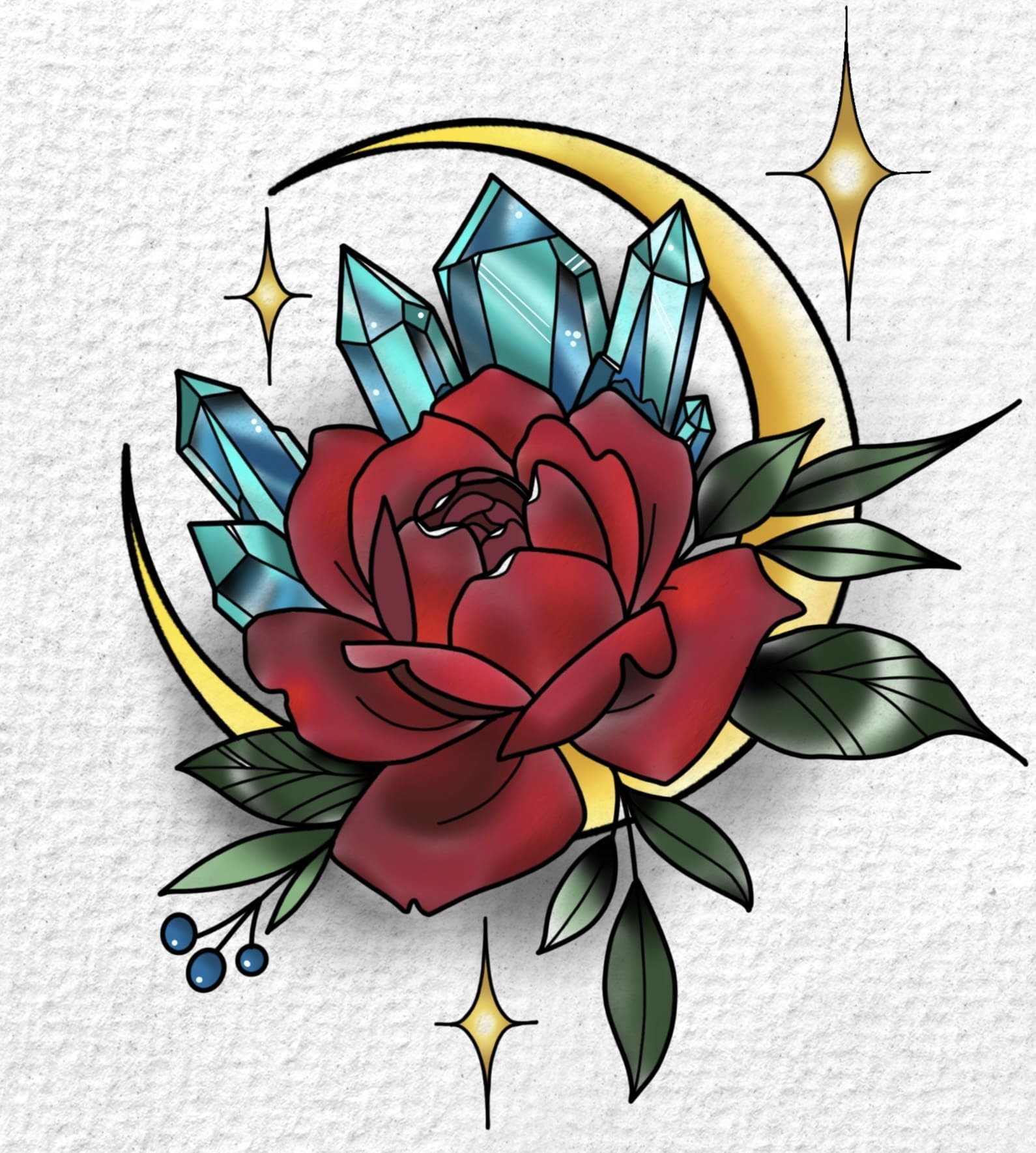 Crescent Moon With Rose And Crystals flash tattoo design by Tomma Mueller at Anatomy Tattoo in Portland, Oregon