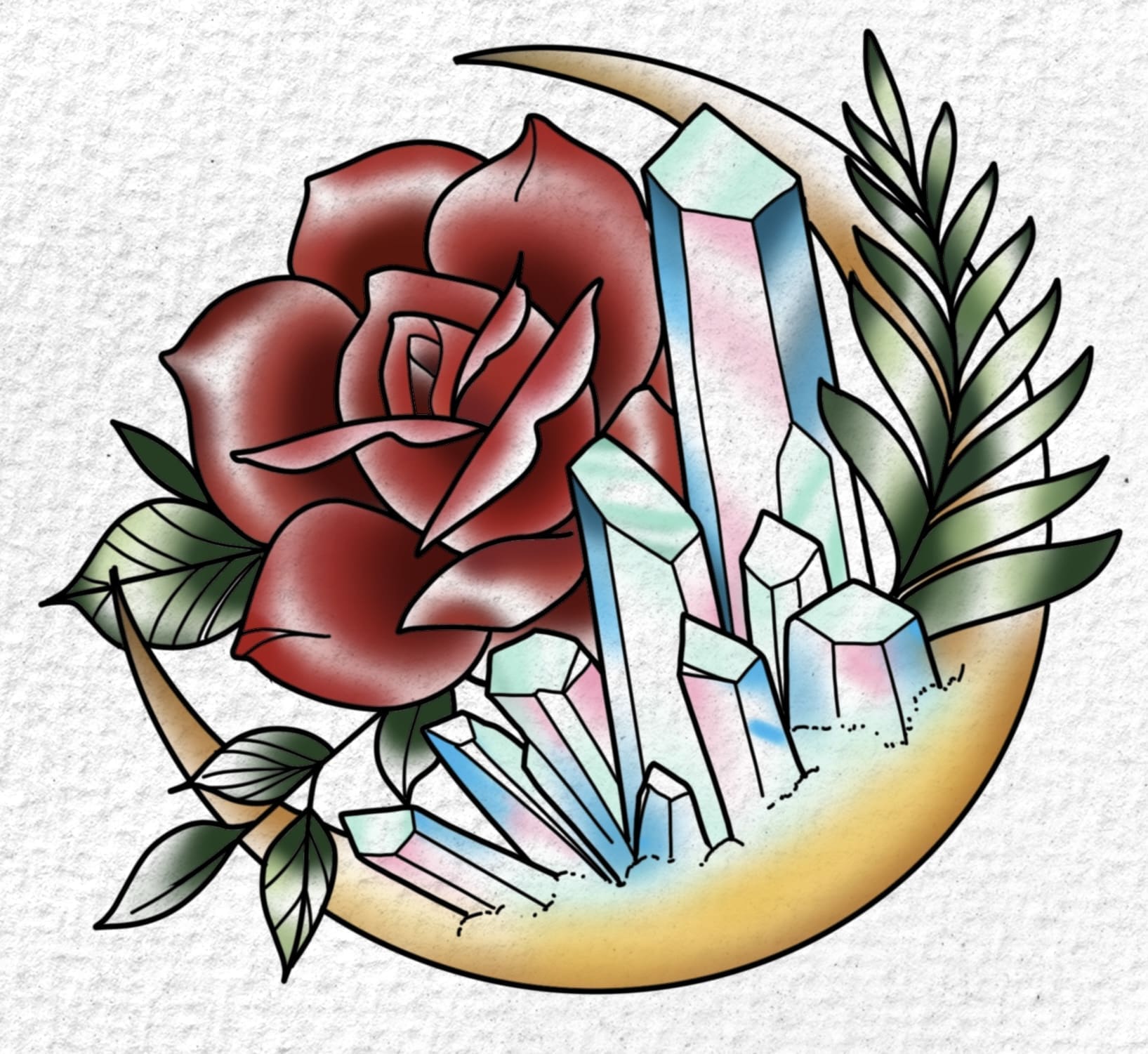 Crescent Moon With Rose V2 flash tattoo design by Tomma Mueller at Anatomy Tattoo in Portland, Oregon