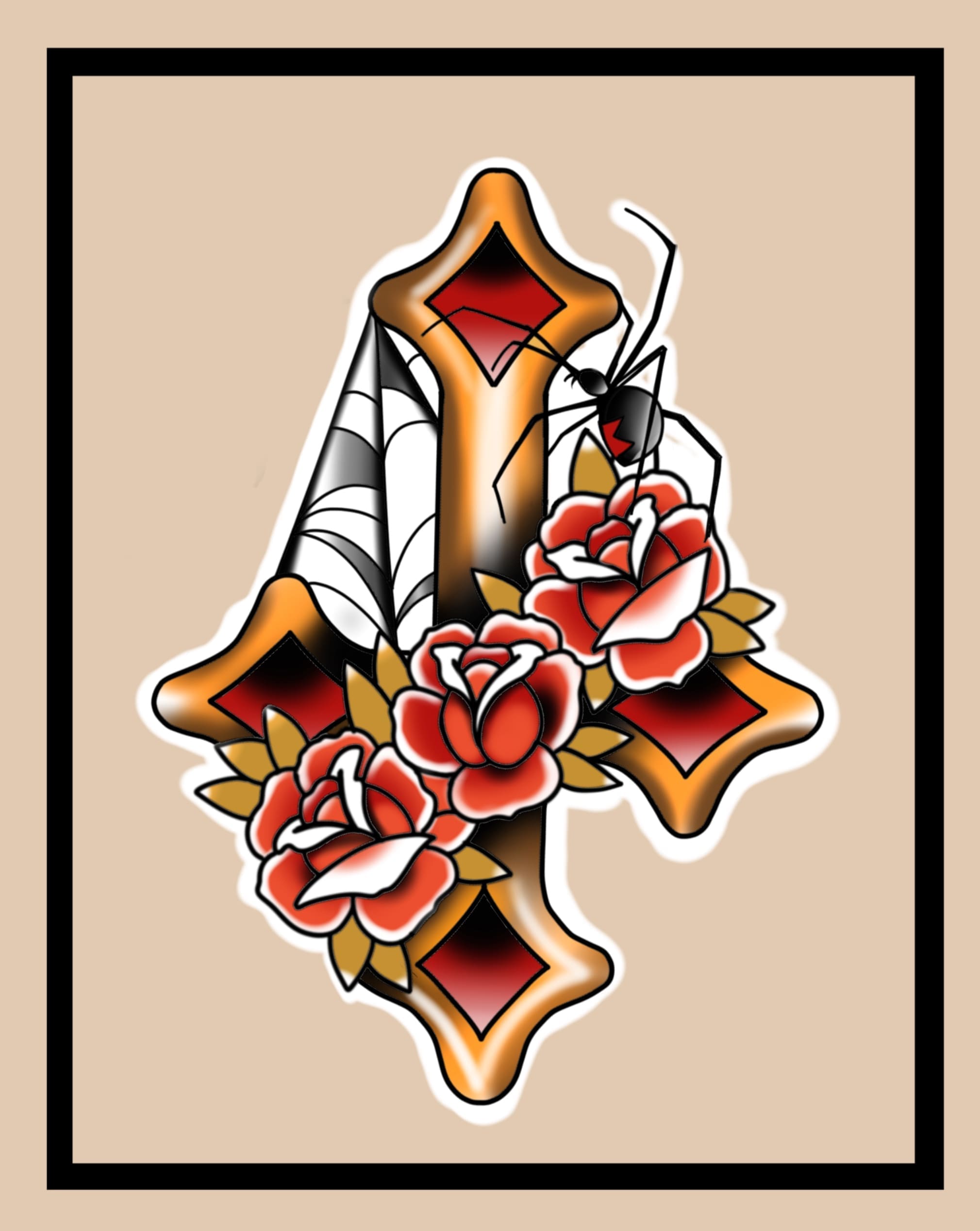 Cross With Roses And Spider