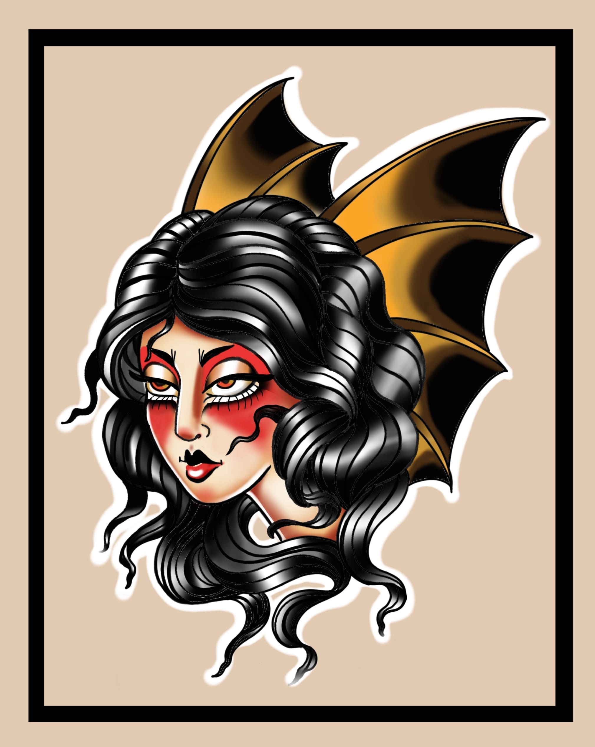 Gothic Bat Lady Head flash tattoo design by Lady Shy at Anatomy Tattoo in Portland, Oregon