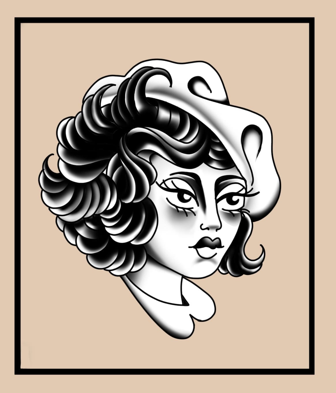 Lady Head With Hat And Heart flash tattoo design by Lady Shy at Anatomy Tattoo in Portland, Oregon