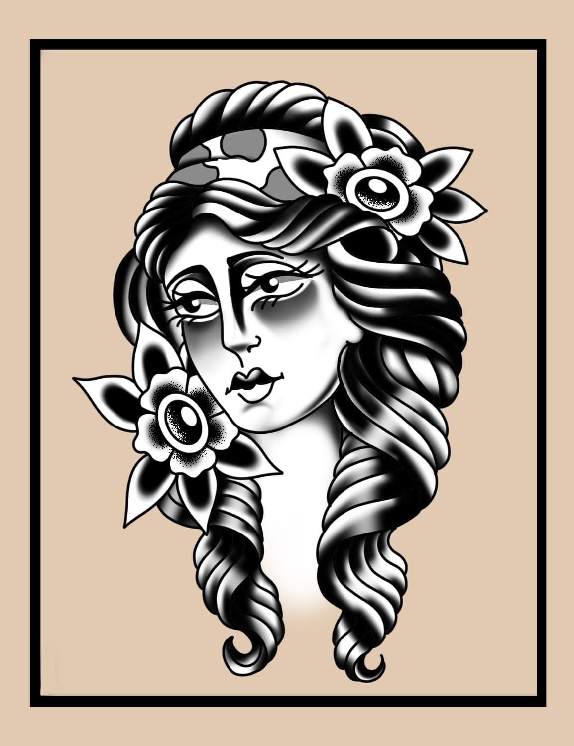 Lady Head With Long Hair And Flowers flash tattoo design by Lady Shy at Anatomy Tattoo in Portland, Oregon