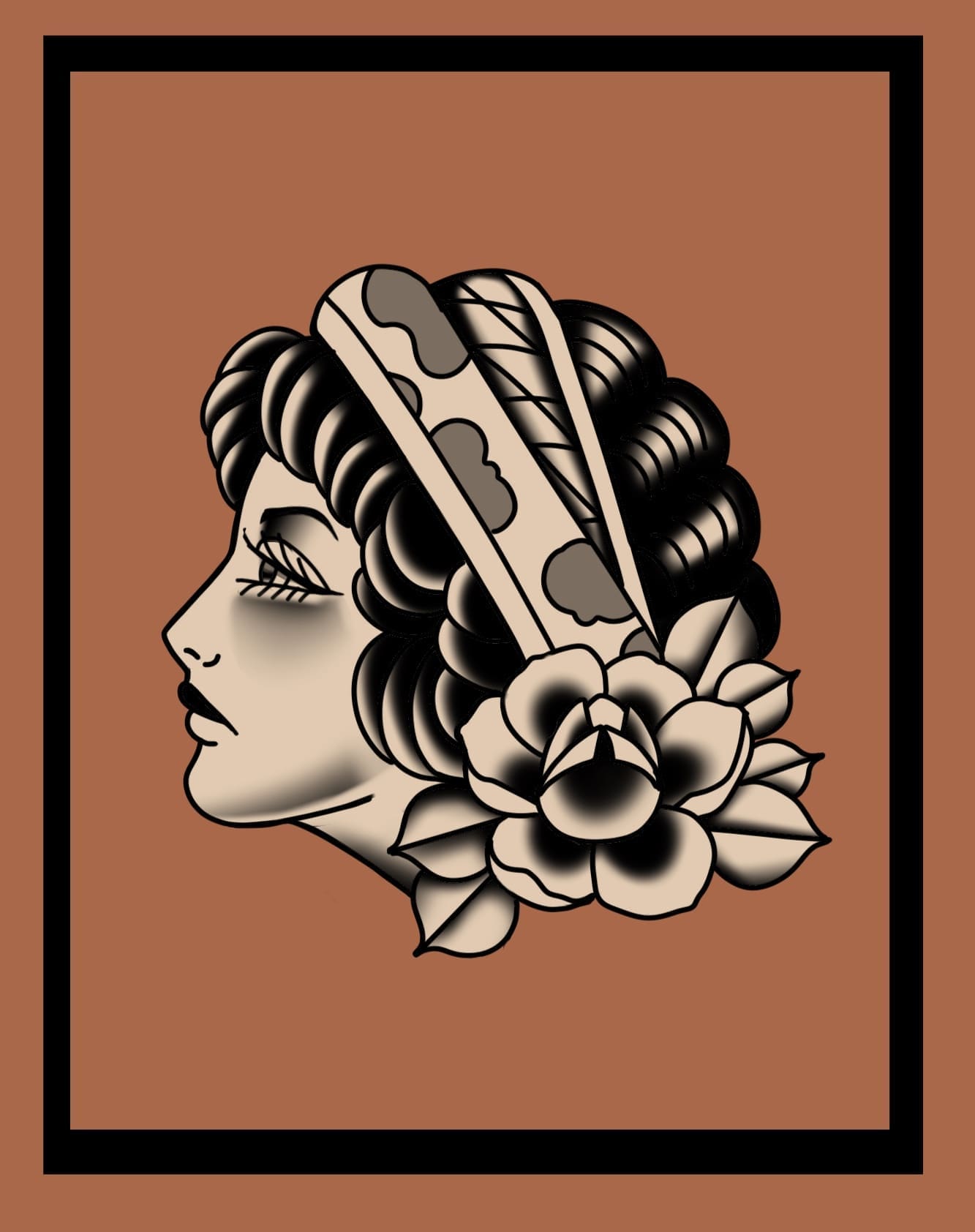 Lady Head With Rose flash tattoo design by Lady Shy at Anatomy Tattoo in Portland, Oregon