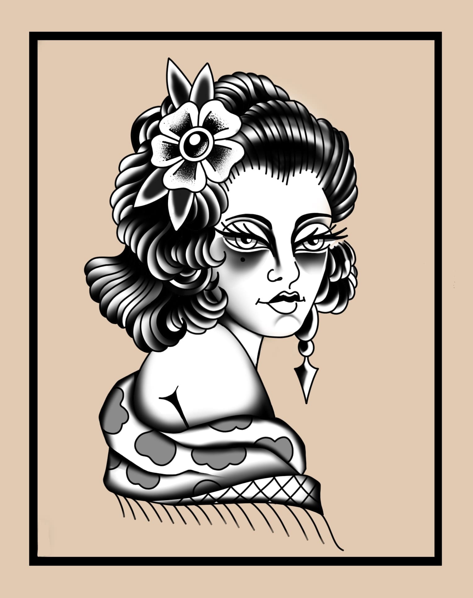 Lady Head With Shawl And Flower flash tattoo design by Lady Shy at Anatomy Tattoo in Portland, Oregon