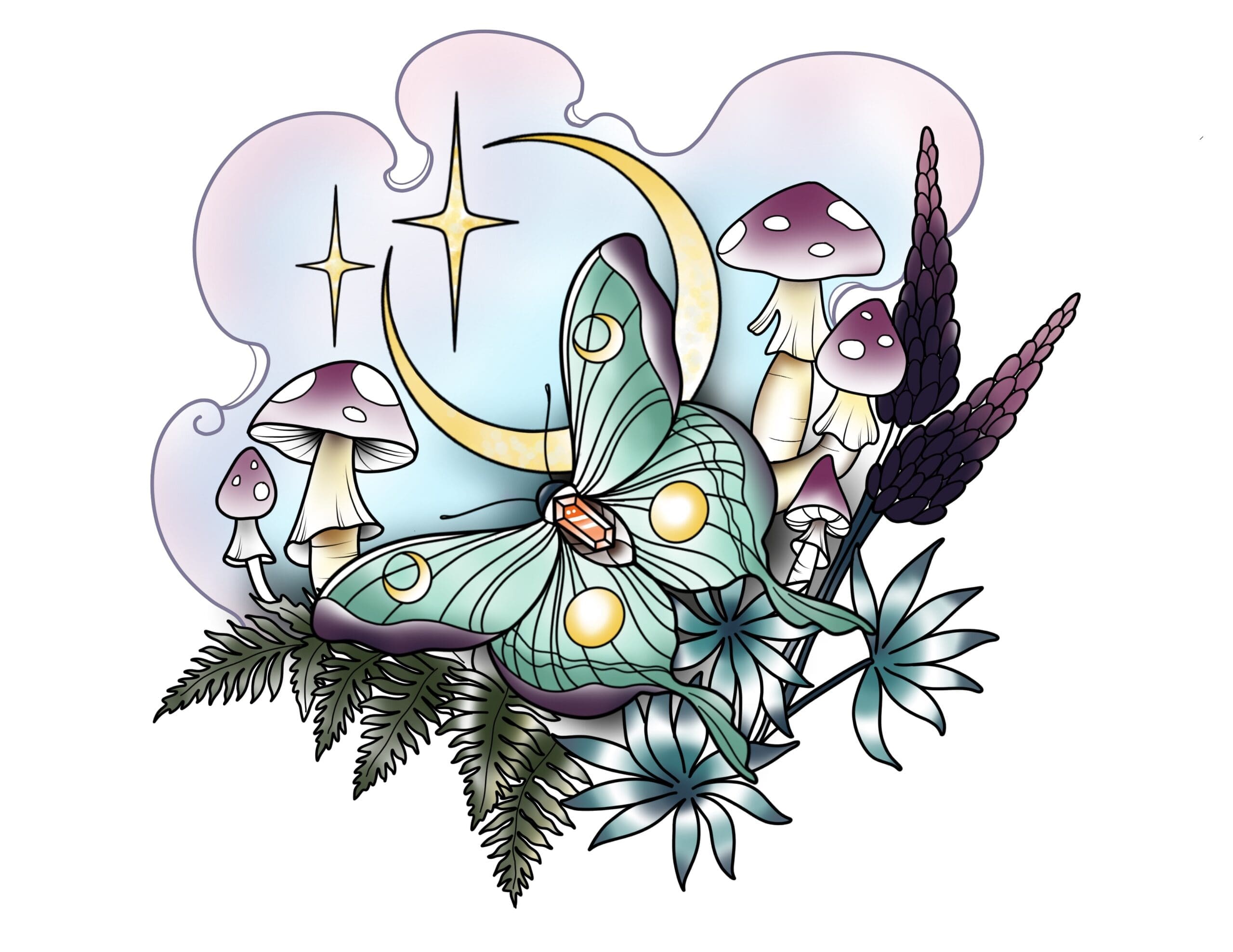 Luna Moth With Lupin And Ferns