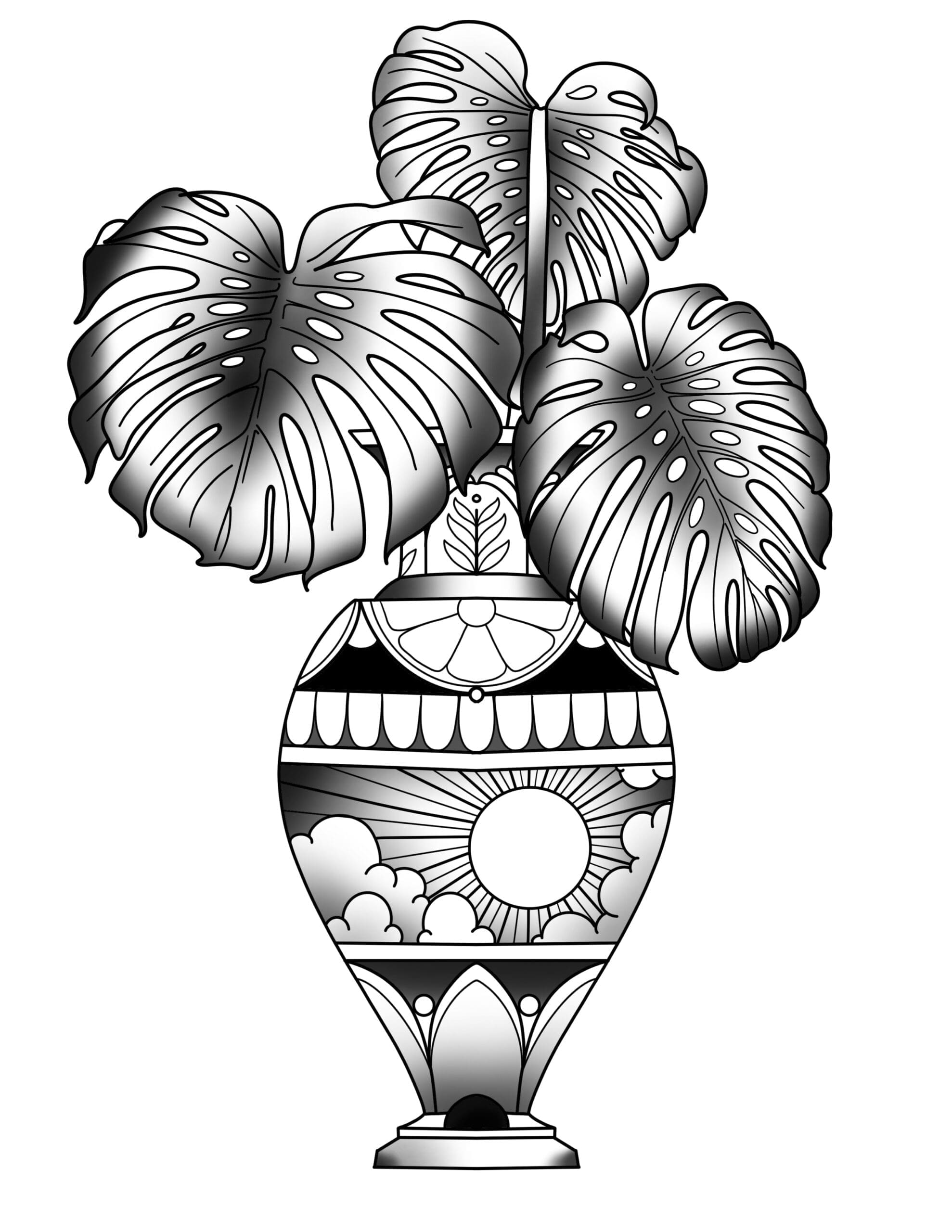 Monstera Sunrise Vase flash tattoo design by Tomma Mueller at Anatomy Tattoo in Portland, Oregon