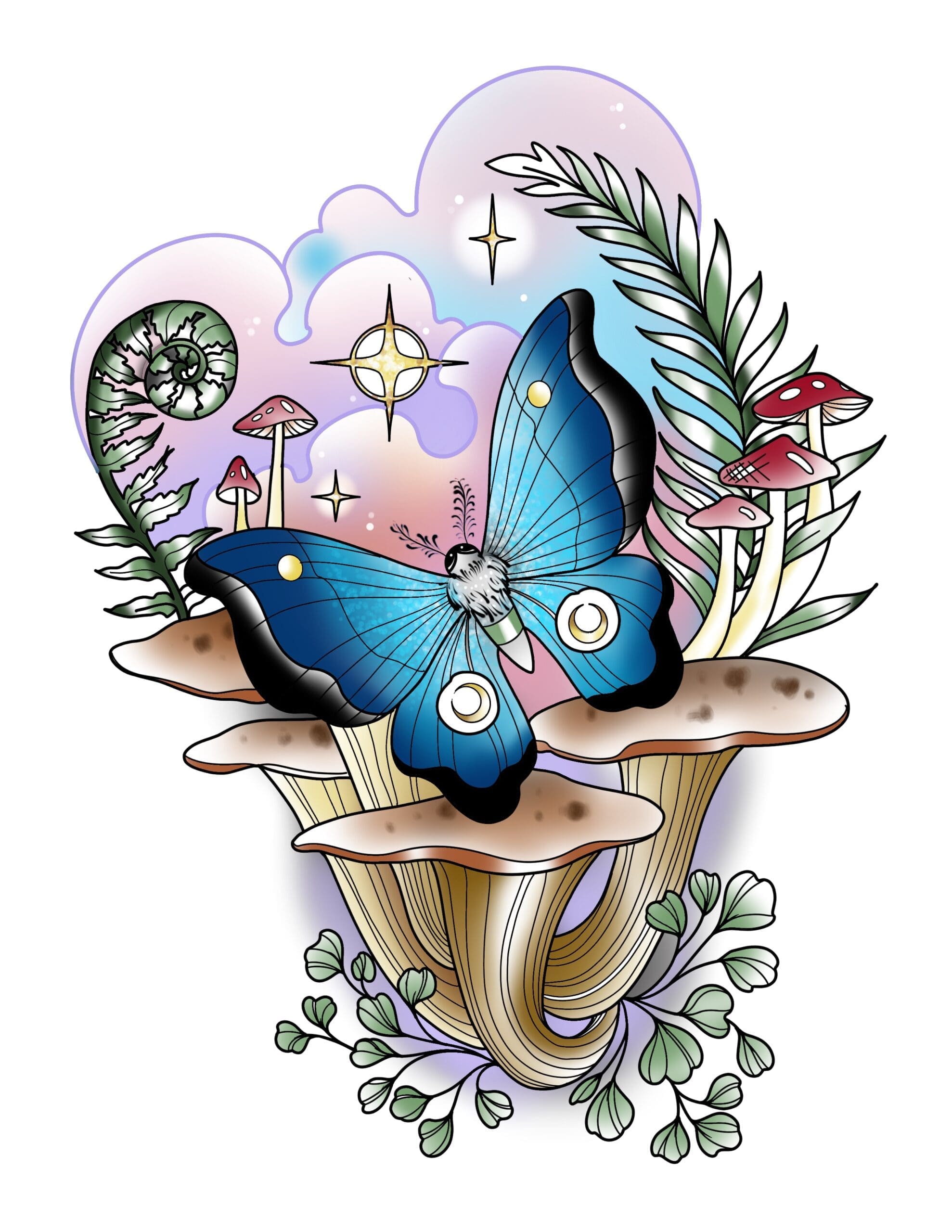 Morpho Menelaus Inspired Luna Butterfly flash tattoo design by Tomma Mueller at Anatomy Tattoo in Portland, Oregon