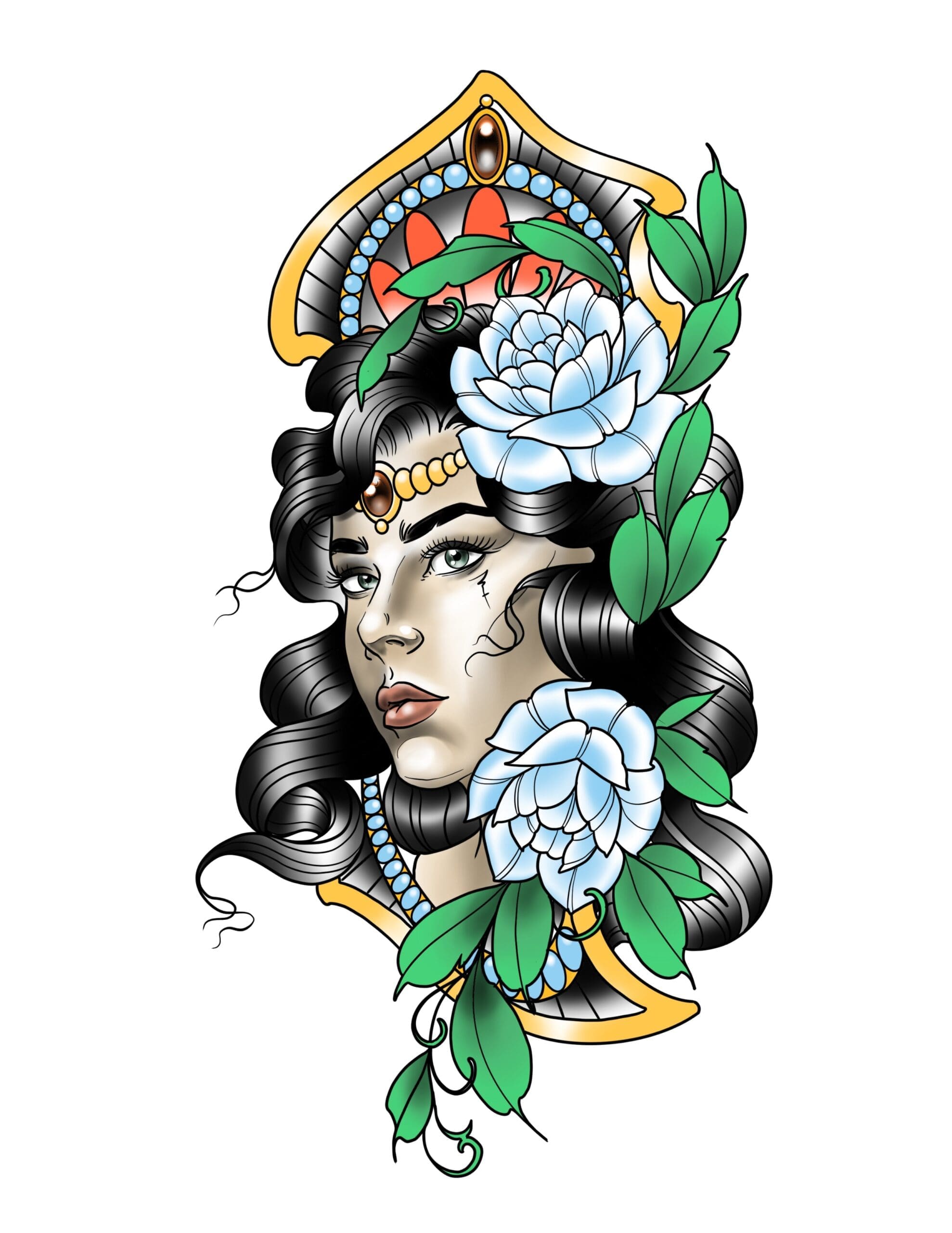 Neotraditional Art Nouveau Lady Head With Flowers flash tattoo design by Lucky Malony at Anatomy Tattoo in Portland, Oregon