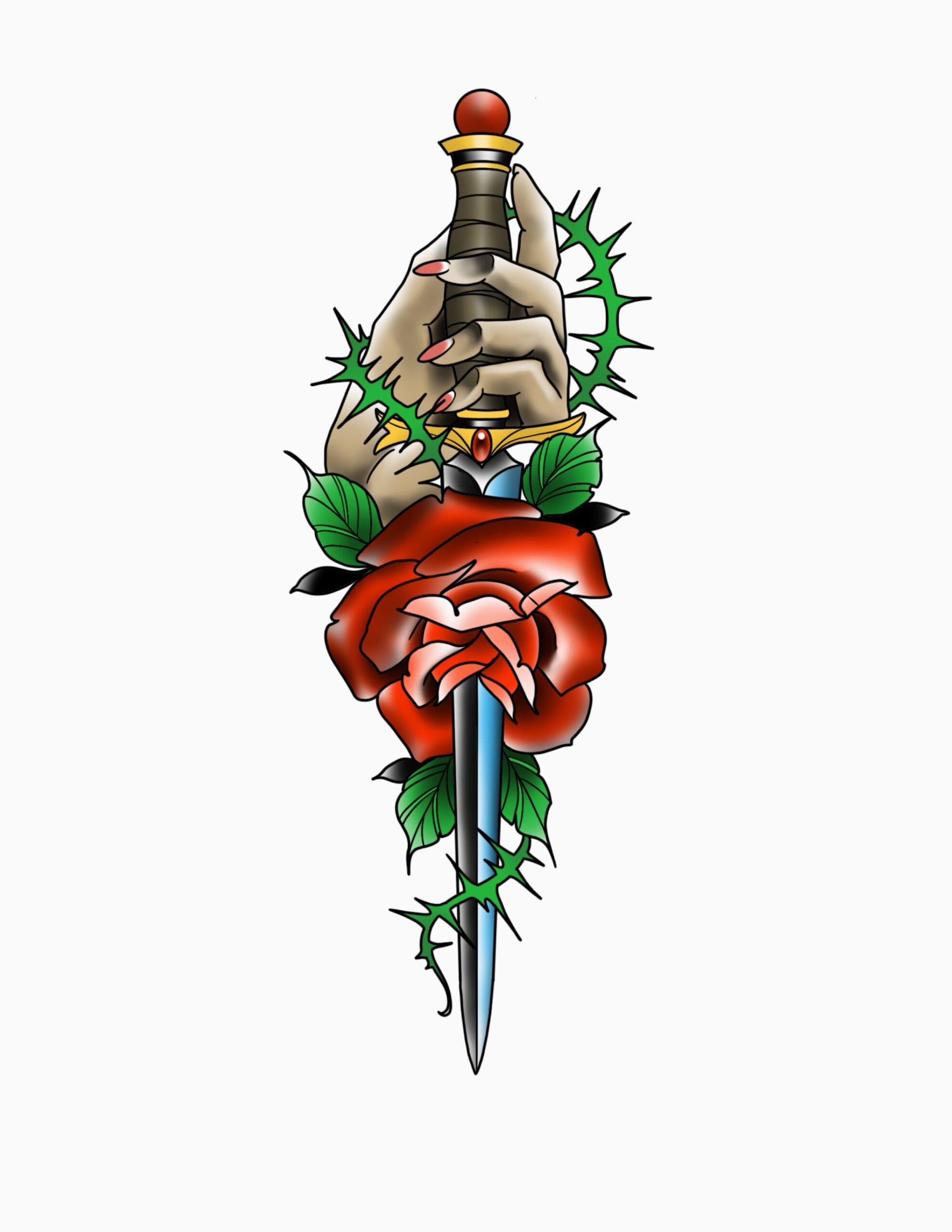 Neotraditional Dagger And Rose flash tattoo design by Lucky Malony at Anatomy Tattoo in Portland, Oregon