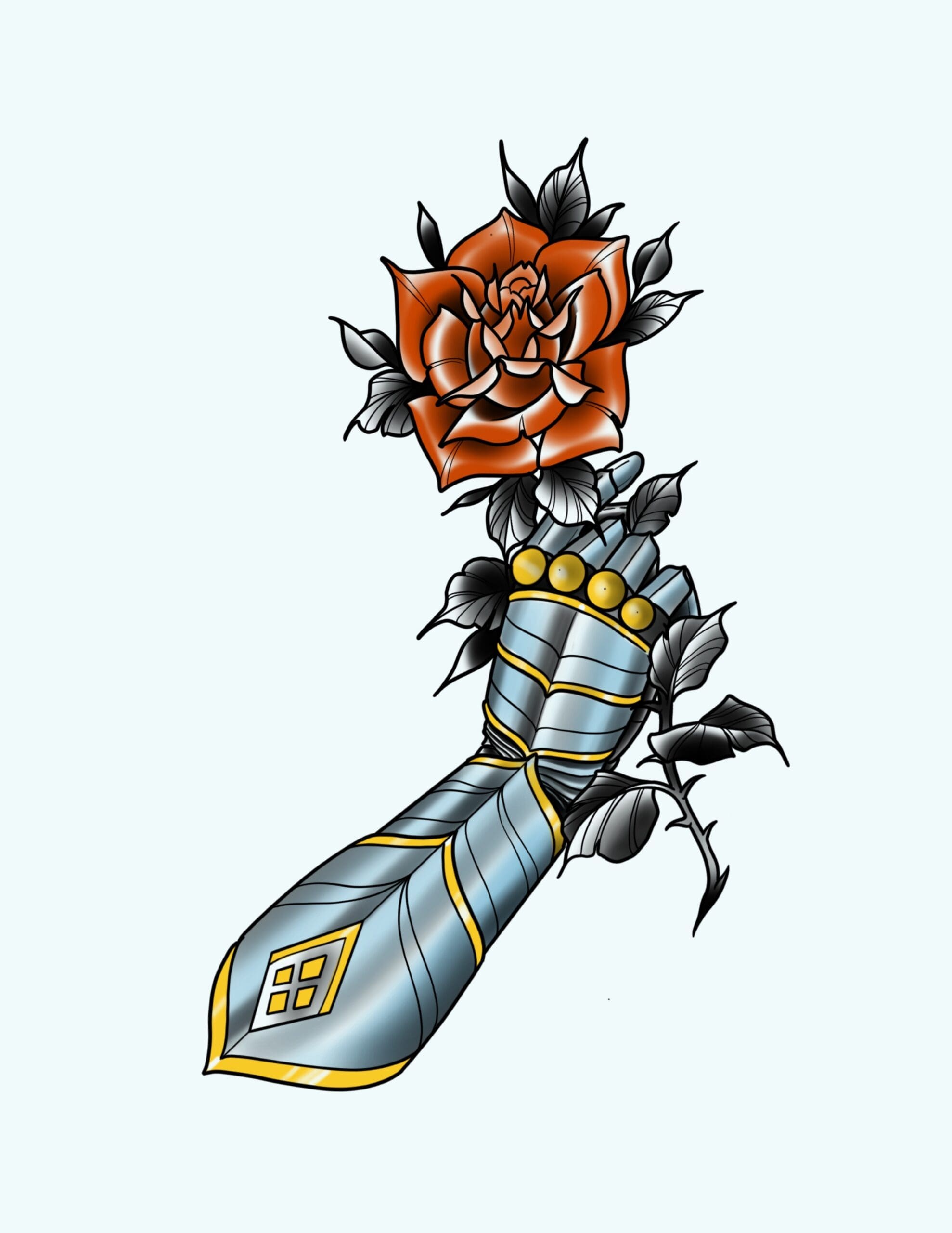 Neotraditional Gauntlet And Rose flash tattoo design by Lucky Malony at Anatomy Tattoo in Portland, Oregon