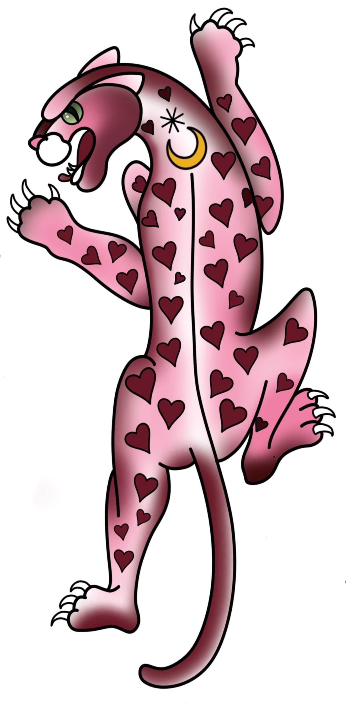 Pink Crawling Leopard With Heart Spots flash tattoo design by Tomma Mueller at Anatomy Tattoo in Portland, Oregon