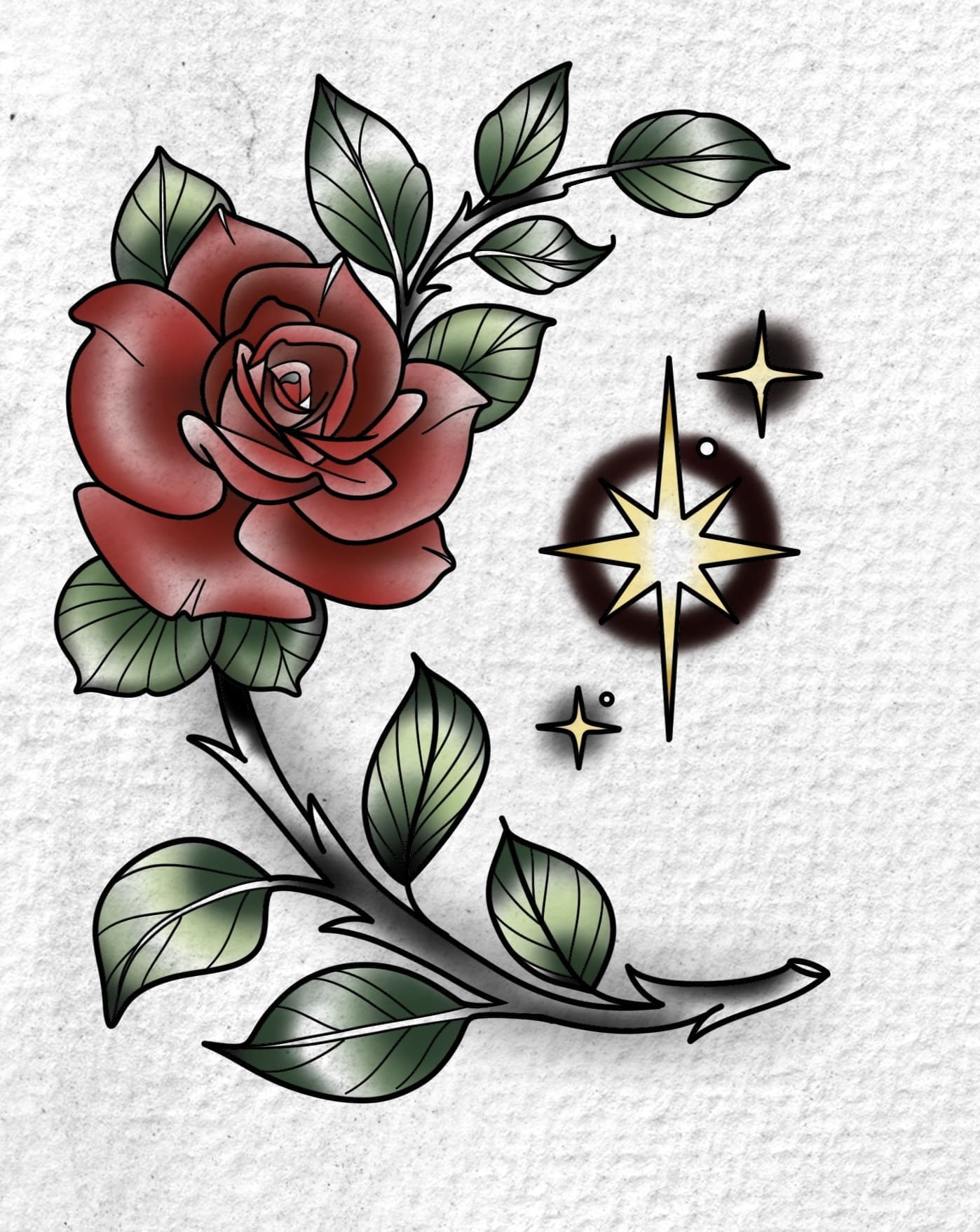 Red Rose Crescent Moon flash tattoo design by Tomma Mueller at Anatomy Tattoo in Portland, Oregon