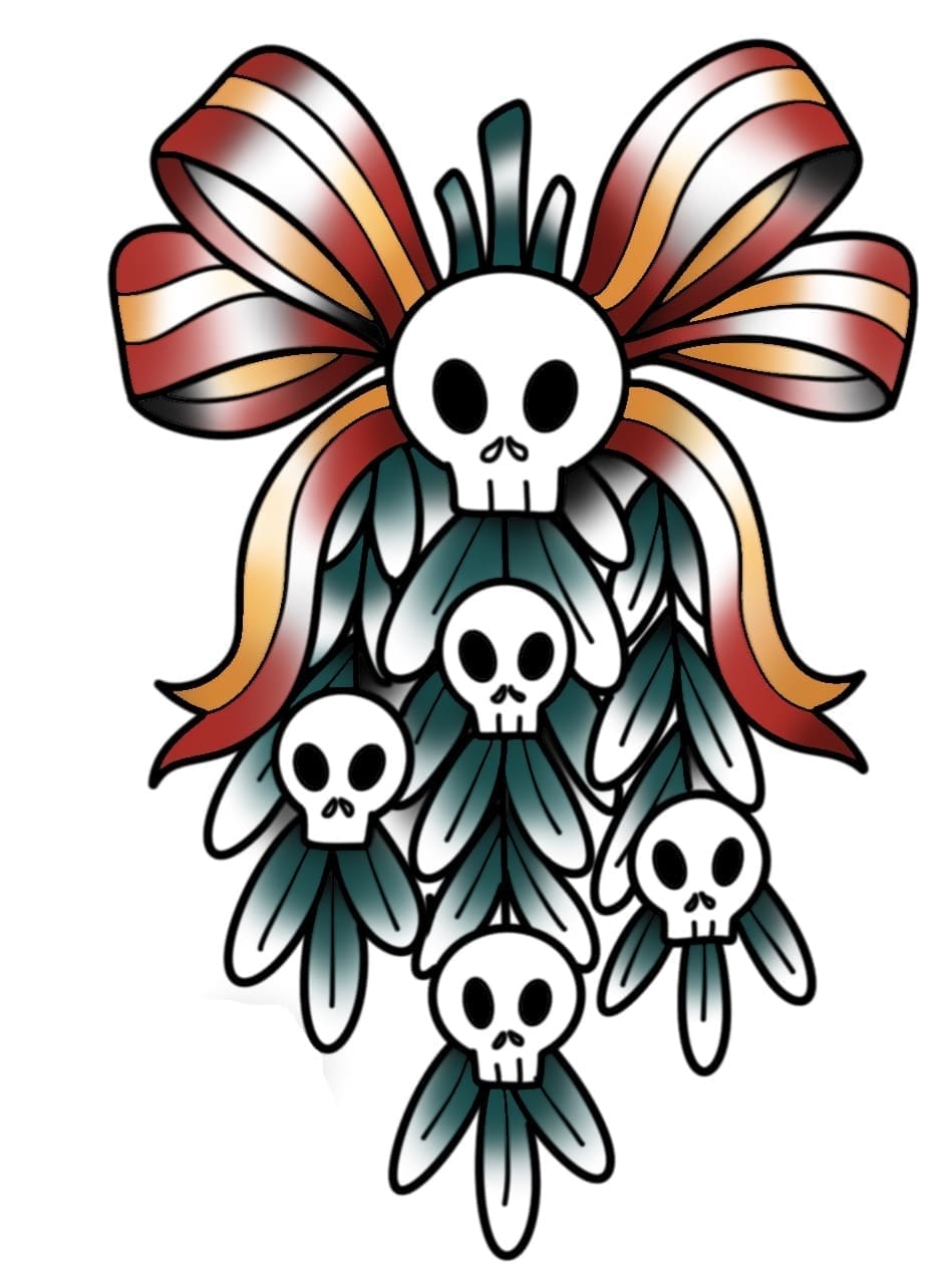 Skully Misteltoe flash tattoo design by Tomma Mueller at Anatomy Tattoo in Portland, Oregon
