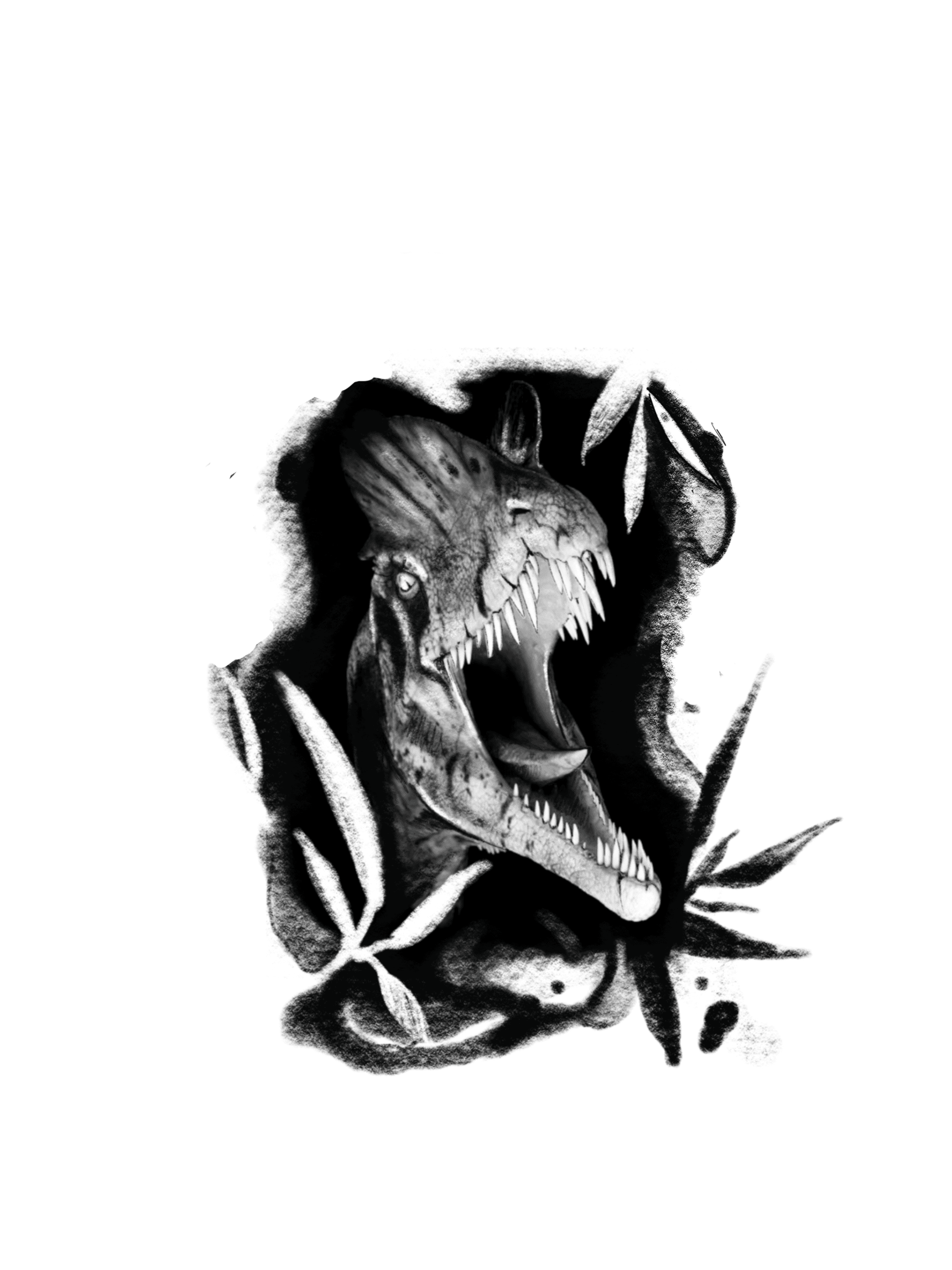 Dilophosaurus flash tattoo design by Megan Echevarria at Anatomy Tattoo in Portland, Oregon