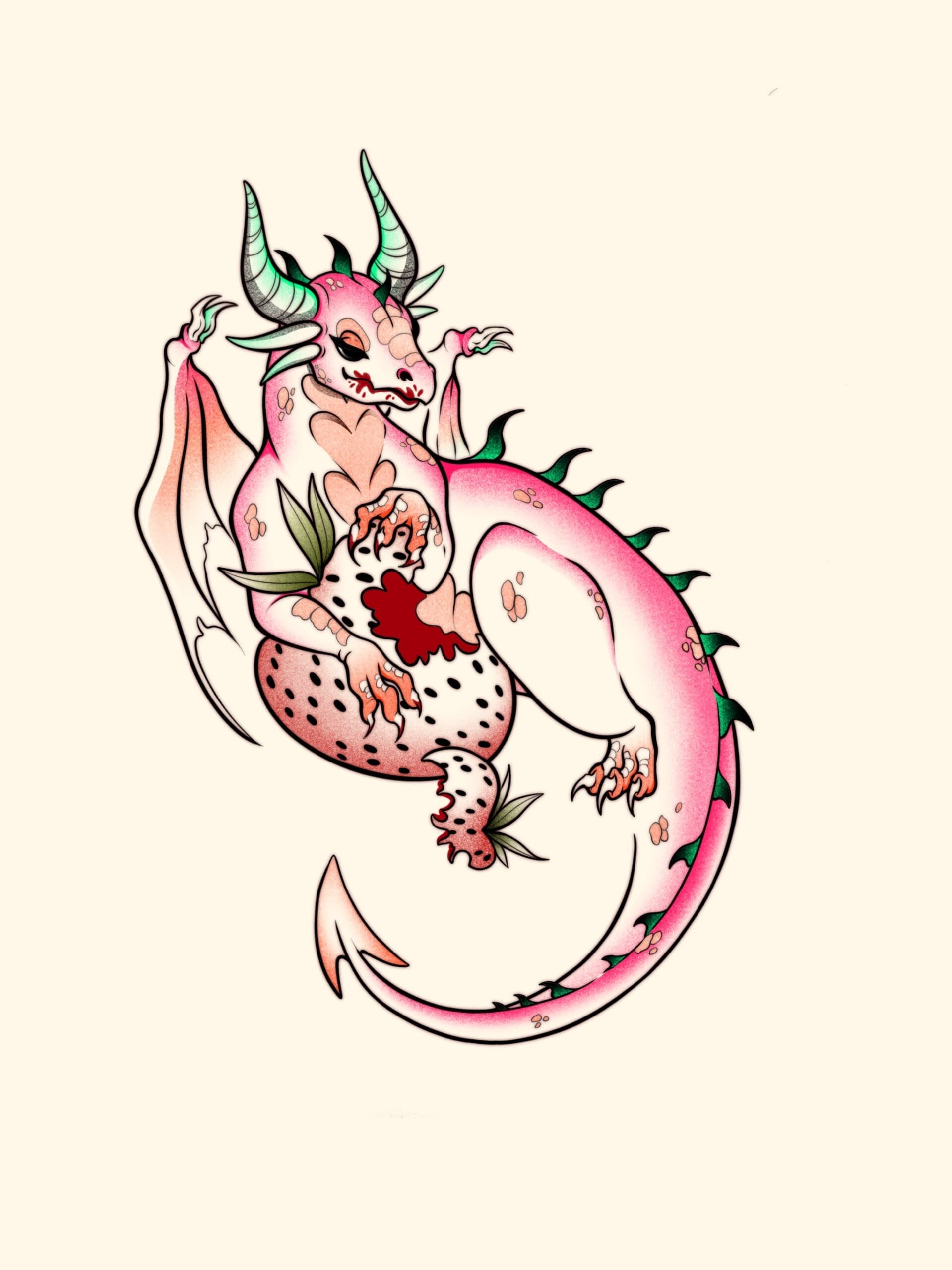 Domestic Dragon - Strawberry flash tattoo design by Summer Puma at Anatomy Tattoo in Portland, Oregon